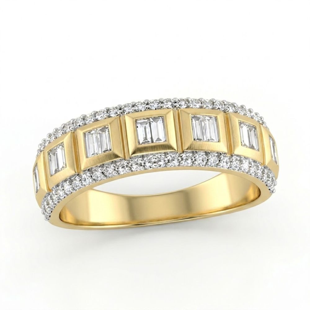 The 7/8 CTW Natural Diamond Men's Band in 10K yellow gold showcases rectangular-cut diamonds in square frames, accented by rows of small round diamonds on each side. Displayed on a white background—an ideal diamond wedding band.