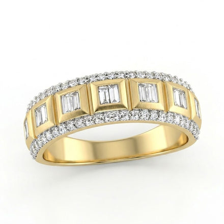 The 7/8 CTW Natural Diamond Men's Band in 10K yellow gold showcases rectangular-cut diamonds in square frames, accented by rows of small round diamonds on each side. Displayed on a white background—an ideal diamond wedding band.