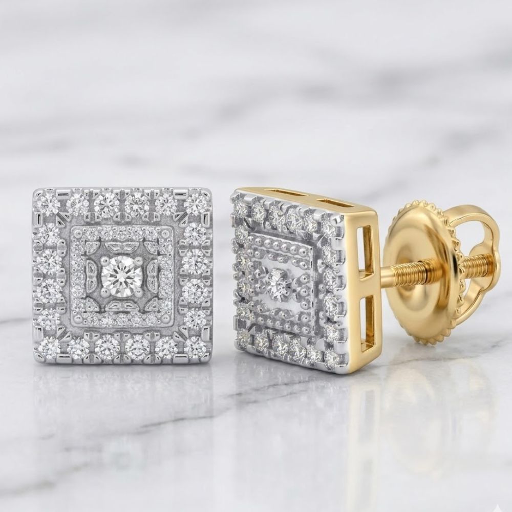 Add timeless elegance to any look with these 10k Yellow Gold Diamond Square Earrings 1/8 Cttw, featuring multiple small diamonds set in a geometric square design with secure gold screw-back posts.