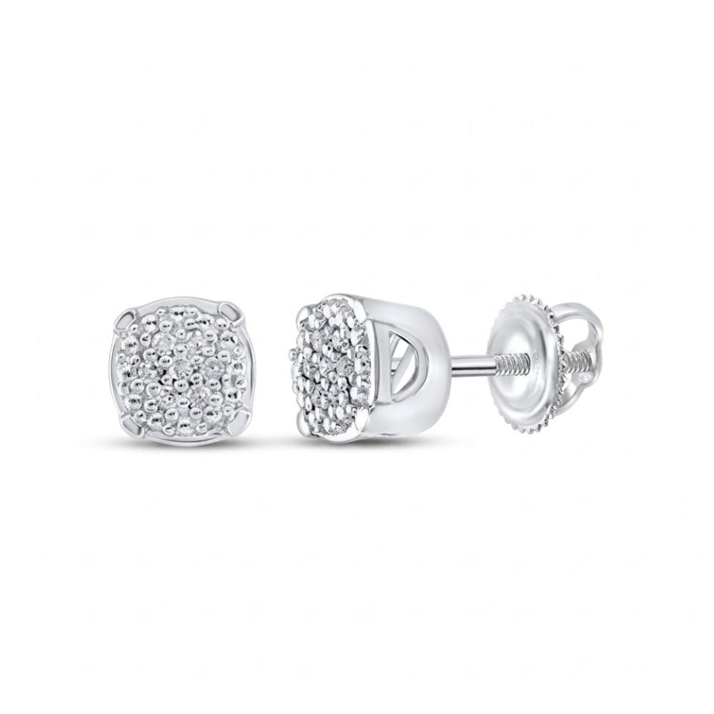Sterling Silver Diamond Cluster Earrings 1/20 CTTW feature round diamonds set in a square front, displayed from front and side views on a white background.