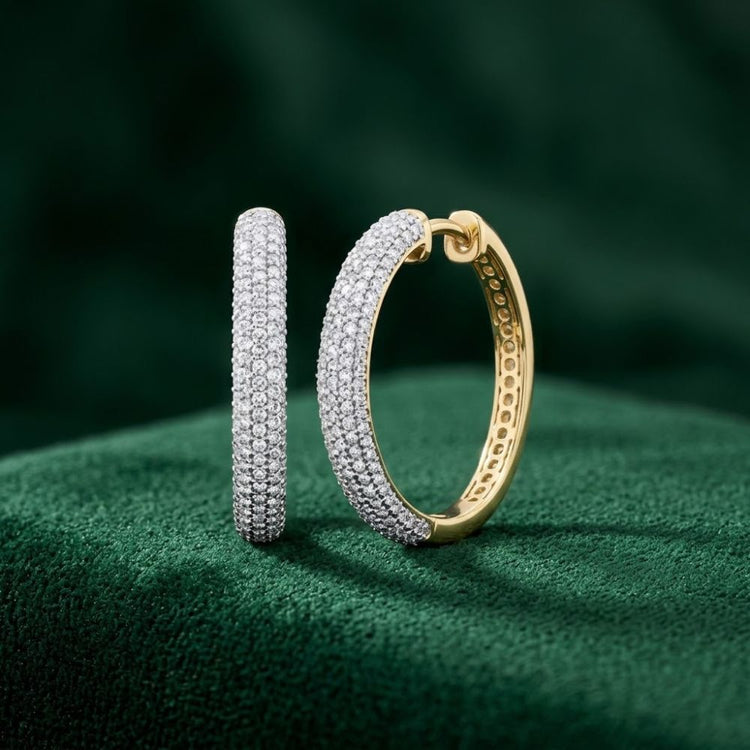 1 CTW Diamond Hoop Earrings 10K Yellow Gold, featuring two hoops pavé-set with small natural diamonds.
