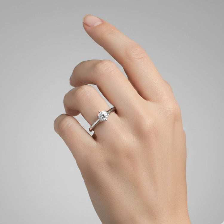 A hand with neatly manicured nails showcases the Timeless Six-Prong Solitaire Lab Diamond Ring, featuring a single round lab diamond on the ring finger against a plain gray background.