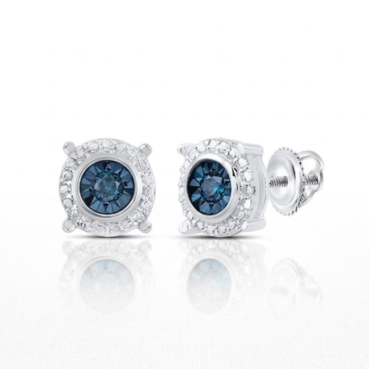 Blue Diamond Stud Earrings Sterling Silver 1/10 Cttw shown on a white background, featuring round blue gemstones at the center and a halo of small clear stones, with their reflection beneath.