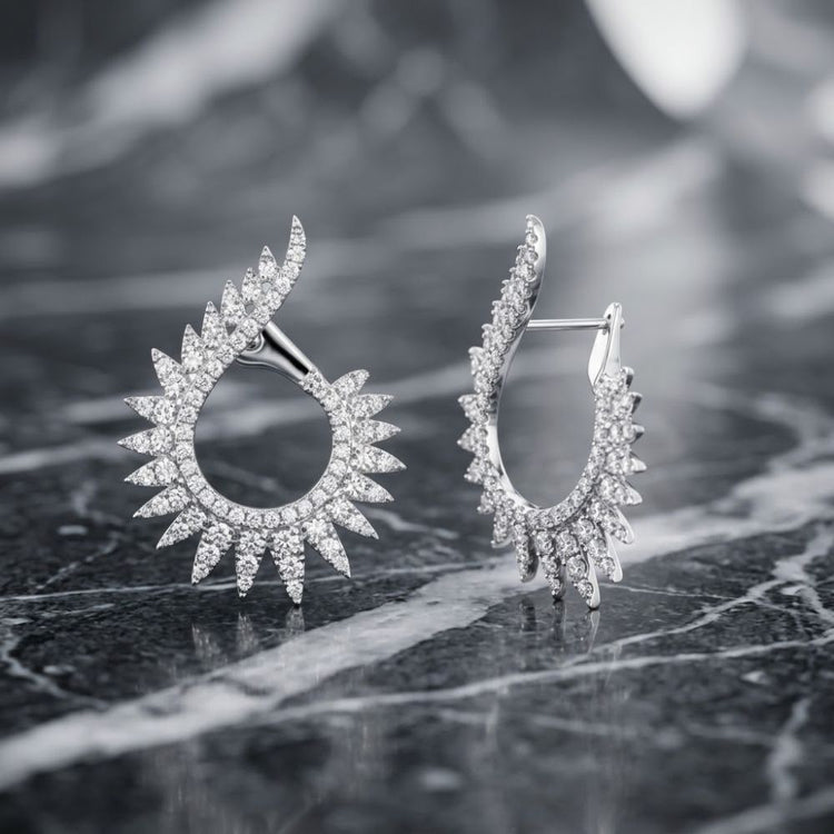 2 1/4CTW Natural Diamond Hoop Earrings 14K White Gold featuring a sunburst design encrusted with small natural diamonds.