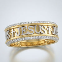 The 1/2 CTW Diamond Jesus Men's Band in 10K gold features JESUS and cross engravings, with rows of natural diamonds accenting the edges.