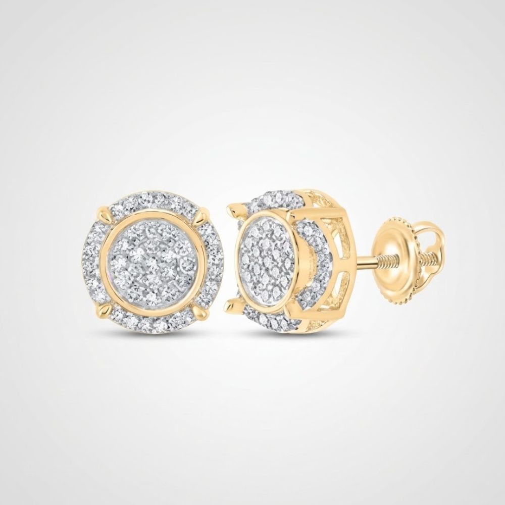 A pair of 10k Yellow Gold Diamond Cluster Earrings 1/4 Cttw with round studs is shown on a plain light background—one earring displays the front view, while the other reveals the side and screw-back post.