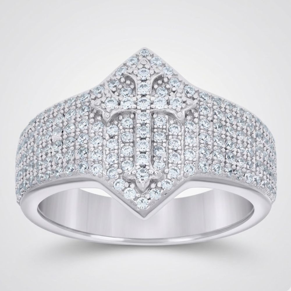 The 0.97ct Moissanite Cross Religious Ring features a men's sterling silver band that widens at the top, with a raised cross at the center encrusted with sparkling moissanite stones for a bold, spiritual look.