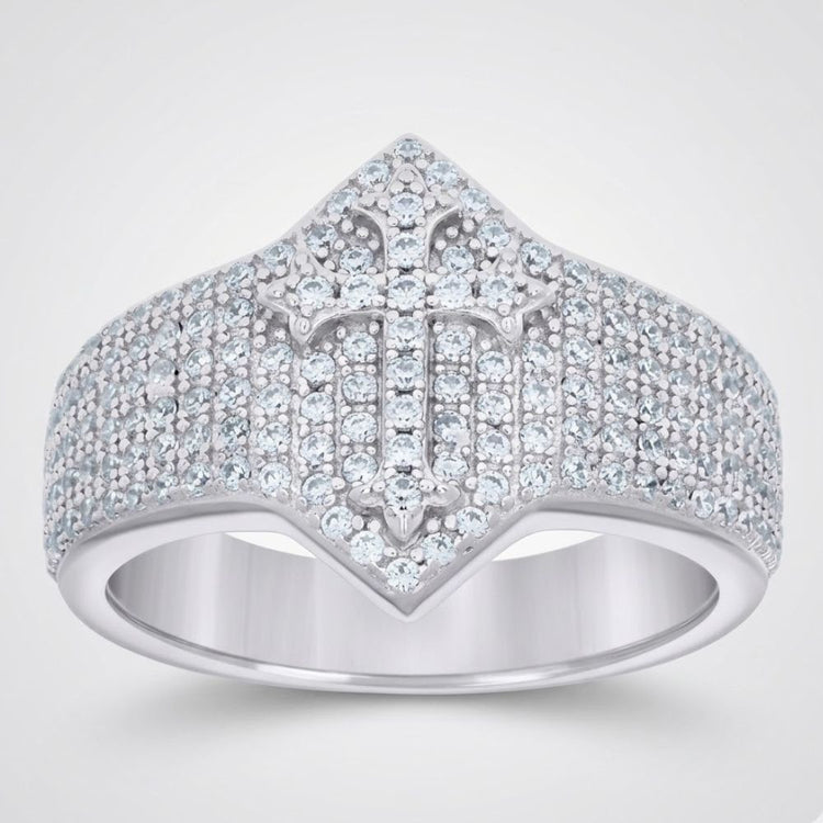 The 0.97ct Moissanite Cross Religious Ring features a men's sterling silver band that widens at the top, with a raised cross at the center encrusted with sparkling moissanite stones for a bold, spiritual look.