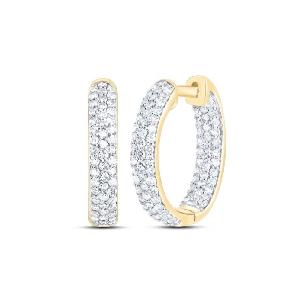 A pair of 5/8CTW Diamond Fashion Hoop Earrings in 10K yellow gold, featuring rows of sparkling diamonds, displayed against a plain white background.