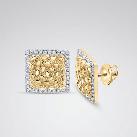 The 10k Gold Diamond Nugget Earrings 1/3 Cttw feature a square-shaped design in yellow gold with a textured center and diamond borders. One earring is shown from the front, the other highlights the side and secure screw-back post.