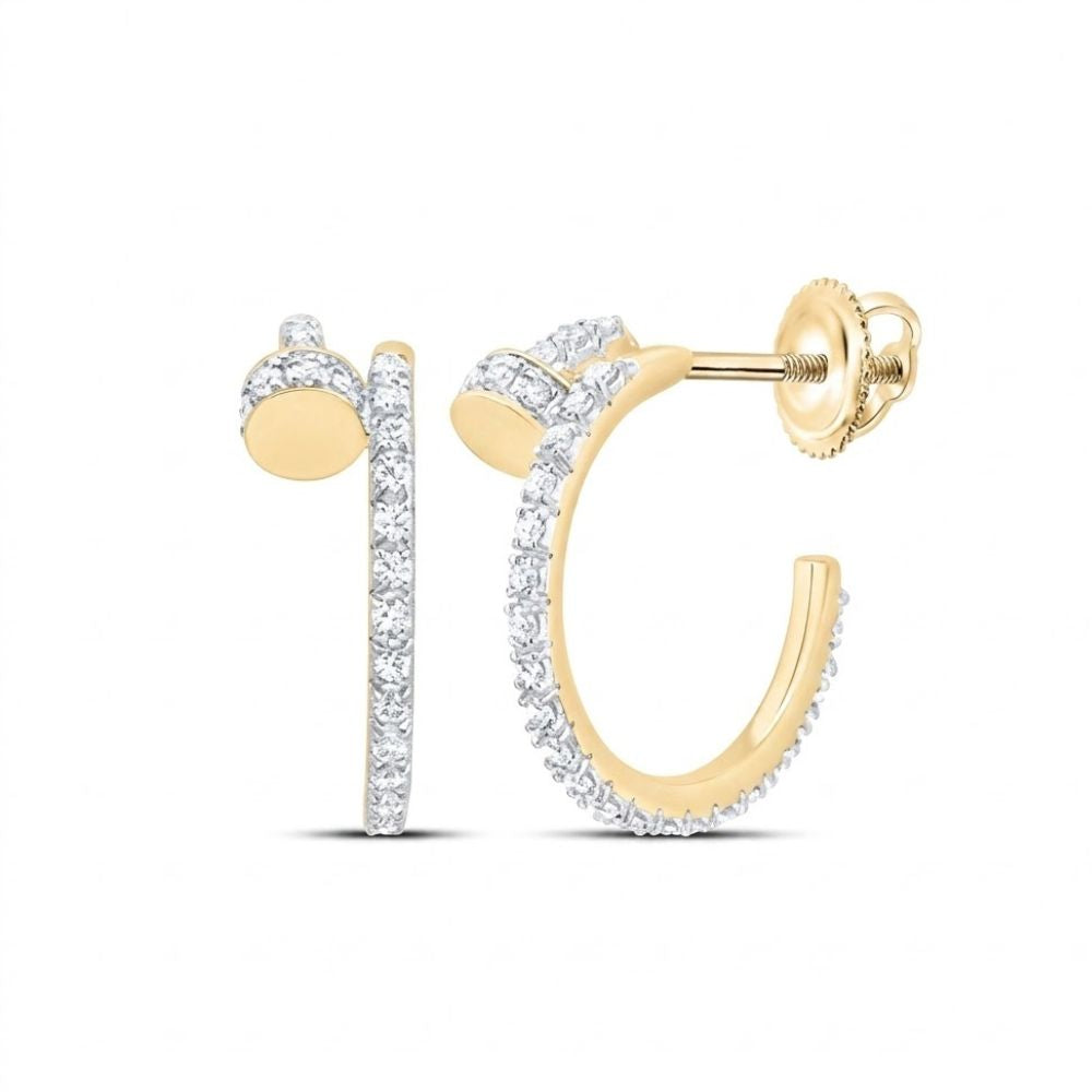 The 1/2CTW Diamond Fashion Hoop Earrings in 14K yellow gold feature small, sparkling natural diamonds along the front and outer edge, displayed with a secure screw-back closure against a white background.