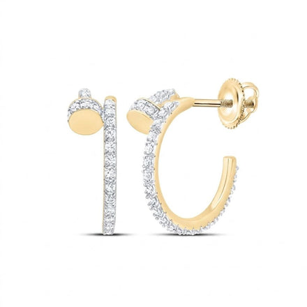 The 1/2CTW Diamond Fashion Hoop Earrings in 14K yellow gold feature small, sparkling natural diamonds along the front and outer edge, displayed with a secure screw-back closure against a white background.