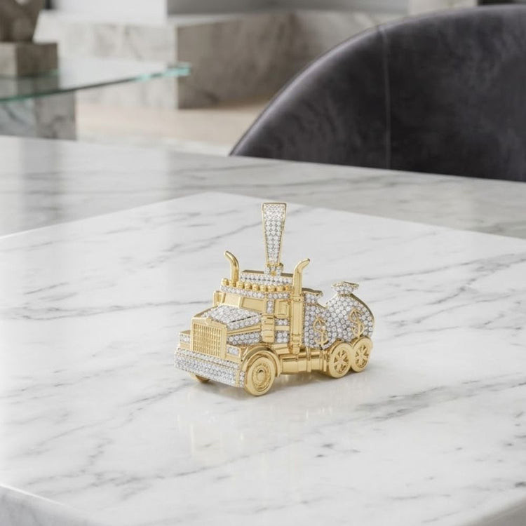 A sparkling 7/8CTW Diamond Money Bag Truck Charm in silver, designed with a pendant loop and exuding the style of unique men’s jewelry, sits elegantly on a polished white marble table, with modern furniture in the background.