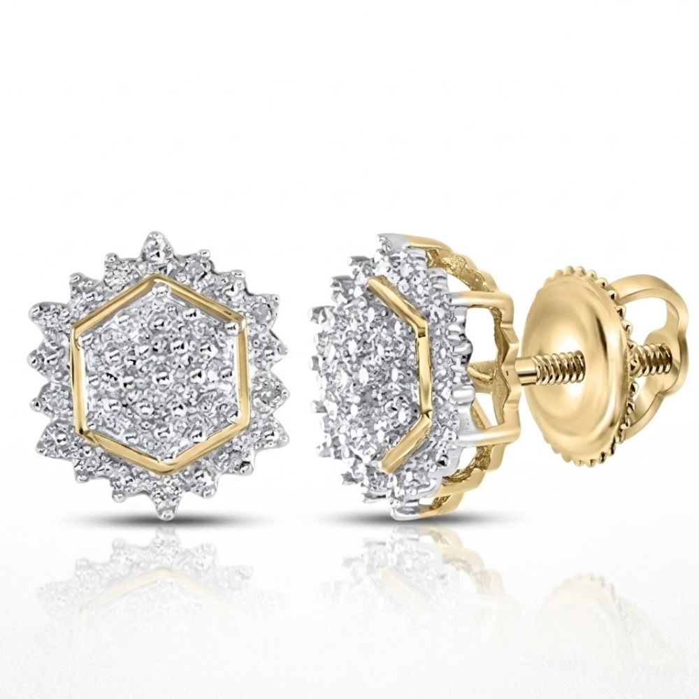 Yellow Sterling Silver Diamond Hexagon Earrings with sparkling stones and screw-back closure, shown on a white background.