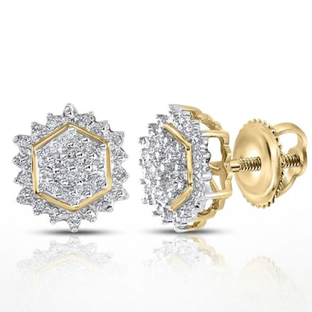 Yellow Sterling Silver Diamond Hexagon Earrings with sparkling stones and screw-back closure, shown on a white background.