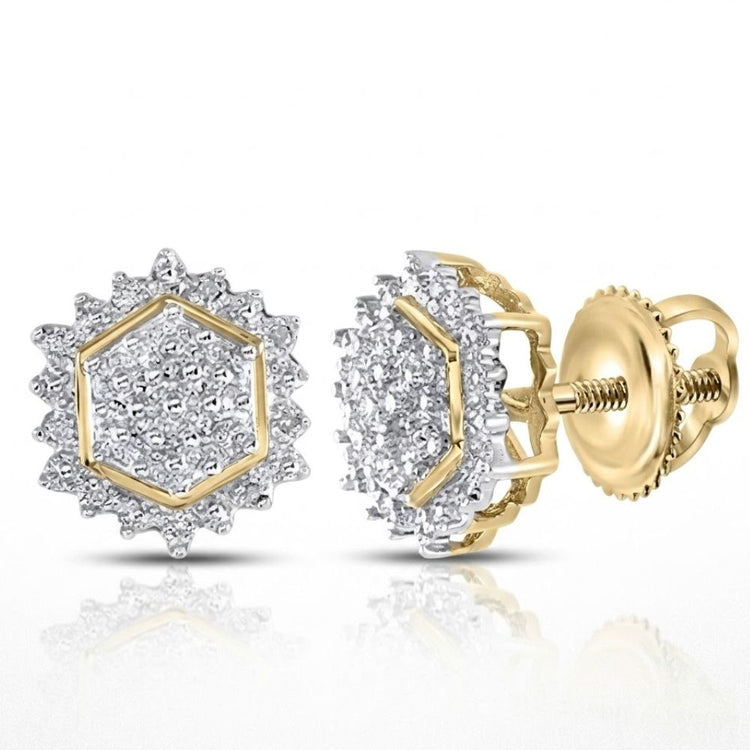Yellow Sterling Silver Diamond Hexagon Earrings with sparkling stones and screw-back closure, shown on a white background.