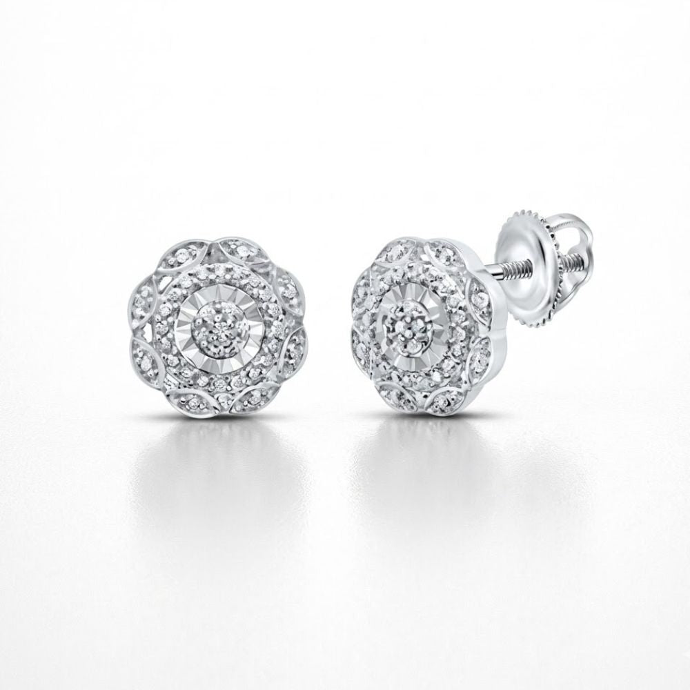 The 1/20CTW Diamond Gift Earring in sterling silver features a floral design with natural diamonds in a circular arrangement and a central stone, finished with secure screw-back posts. Presented elegantly against a clean white background.