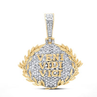 The 10K Gold Diamond Veni Vidi Vici Charm (7/8 CTW) is a men's pendant featuring a laurel wreath, natural diamond accents, and the engraved words VENI VIDI VICI in bold capital letters.