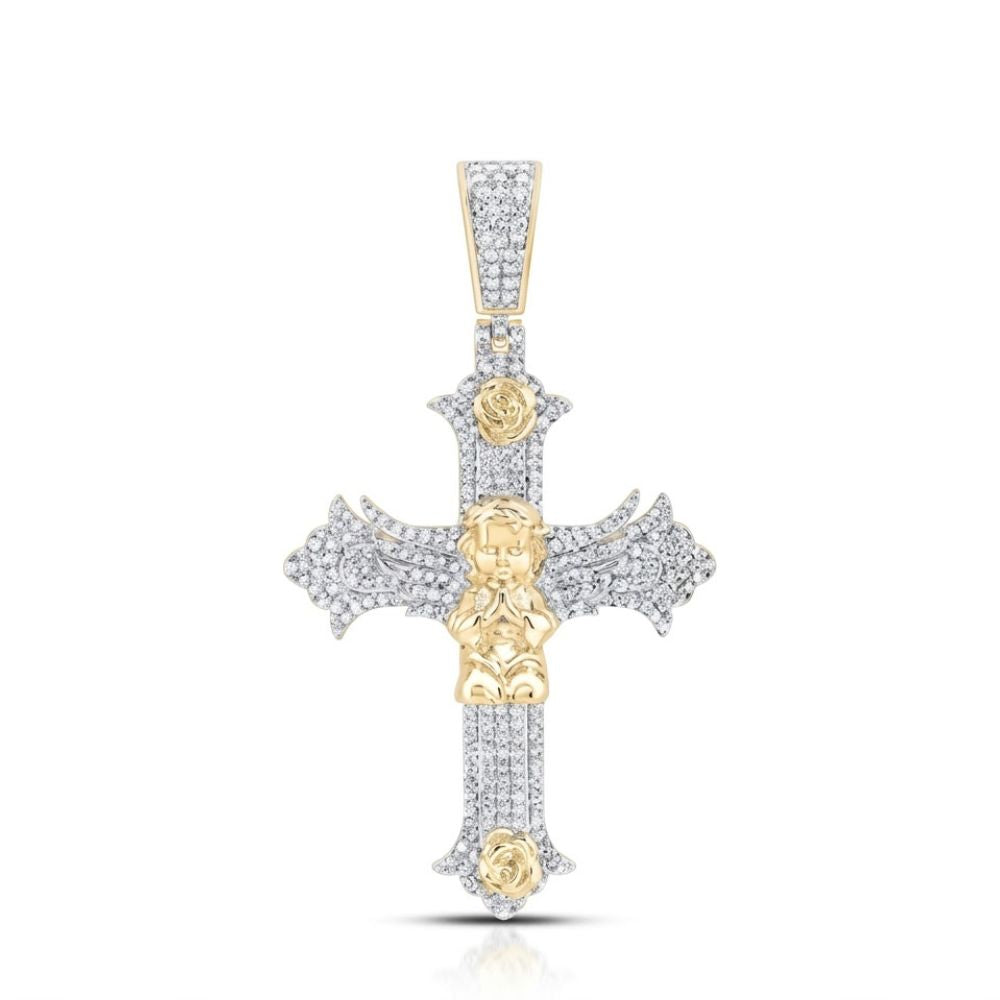 The 1CTW Diamond Angel Cross Charm 10K Gold for men features a gold and silver diamond-encrusted cross, a central 10K yellow gold cherub, and gold rose accents at the top and bottom.