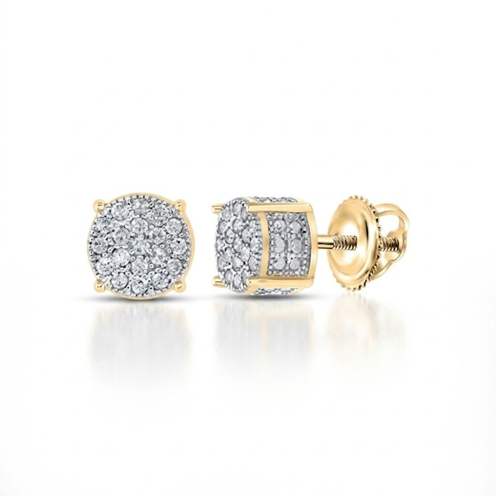 The 10k Gold Diamond 3D Cluster Earrings 1/8 CTTW feature round cluster-set diamonds and secure screw-back closures, shown on a white background.