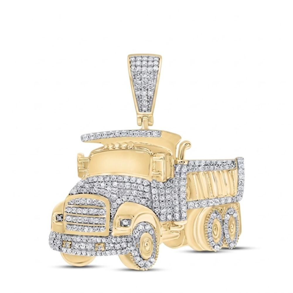 The 7/8 CT Diamond Truck Charm in 10K yellow gold features sparkling diamonds on the front, wheels, and dump bed, all set in a dump truck design. It is displayed against a plain white background.