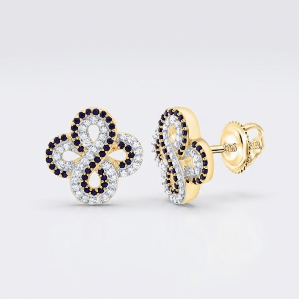 1/4CTW Natural Diamond Clover Earrings in 14k gold, featuring a floral design set with sparkling natural diamonds, are displayed on a plain light background.