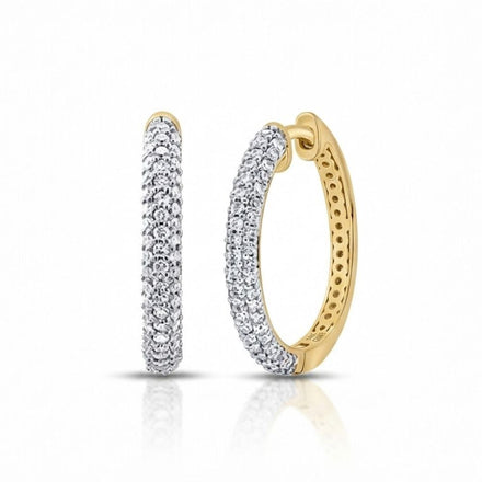 The 1/2CTW Diamond Fashion Hoop Earrings in 10K gold feature rows of sparkling diamonds and are displayed upright against a white background.