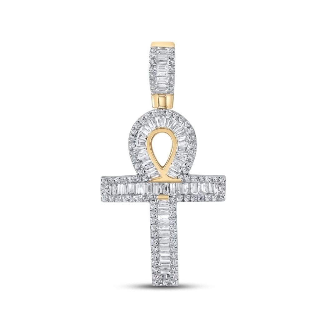 The 10K Gold Baguette Diamond Ankh Pendant 3/4 CTW features a looped top and cross shape, outlined with baguette and round diamonds plus a diamond-studded bail—an ideal men’s diamond jewelry piece.