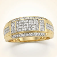 The 1/2CTW Natural Diamond Men's Band in 10K yellow gold features rows of round white diamonds set in rectangular patterns across a broad band, offering a bold, intricate design.