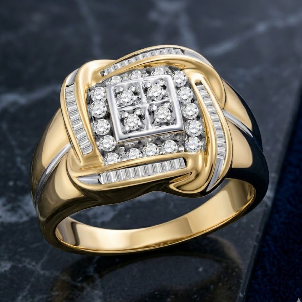 The 10K Yellow Gold Diamond Square Cluster Ring 1/2 CTTW features round and baguette-cut diamonds in an intricate square design set in silver, displayed on a dark marble surface.