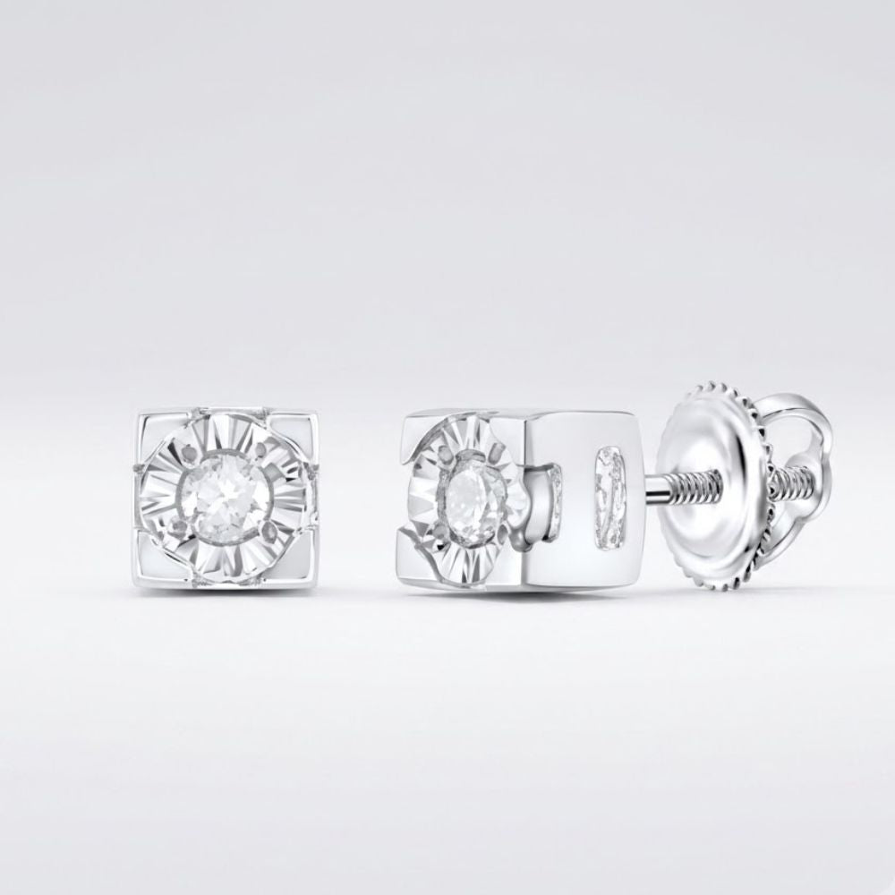 Sterling Silver Diamond Solitaire Stud Earrings featuring square-shaped studs with screw-back closures, set in polished sterling silver, displayed on a plain white background.