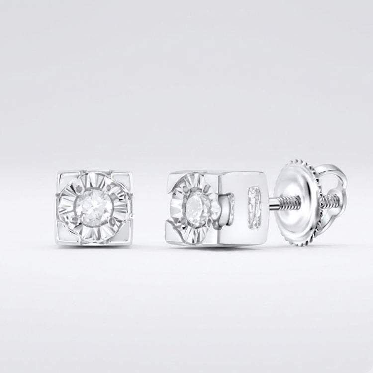 Sterling Silver Diamond Solitaire Stud Earrings featuring square-shaped studs with screw-back closures, set in polished sterling silver, displayed on a plain white background.