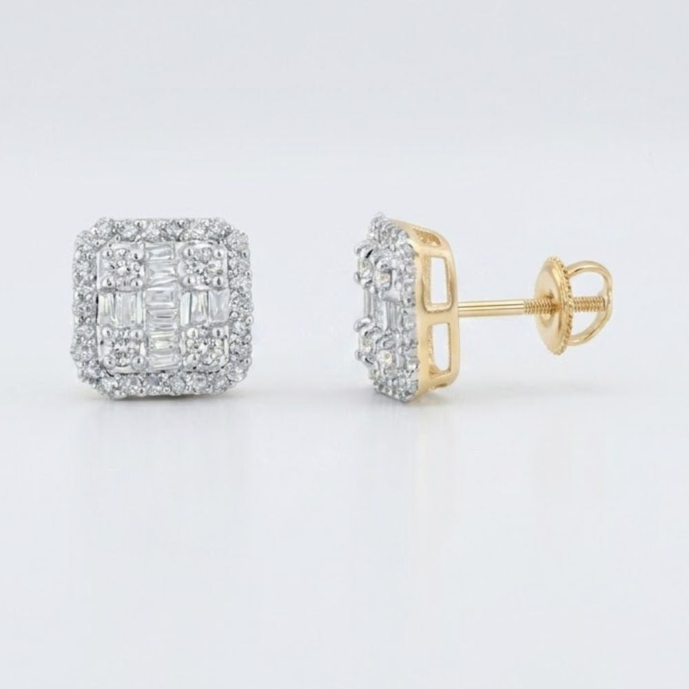 10k Yellow Gold Baguette Diamond Square Earrings with a screw-back closure, featuring a double halo of round diamonds around central baguette and round diamond clusters, shown on a white background.