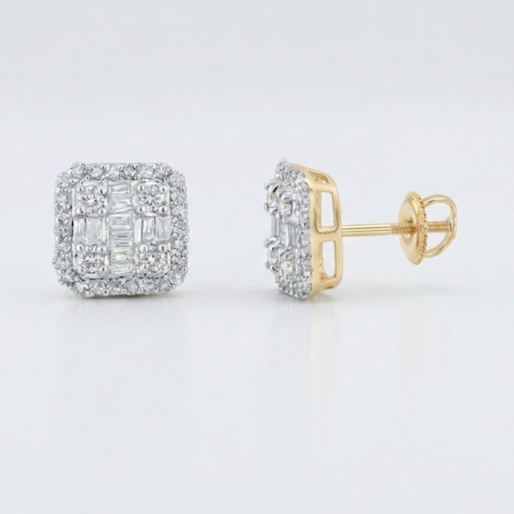 10k Yellow Gold Baguette Diamond Square Earrings with a screw-back closure, featuring a double halo of round diamonds around central baguette and round diamond clusters, shown on a white background.