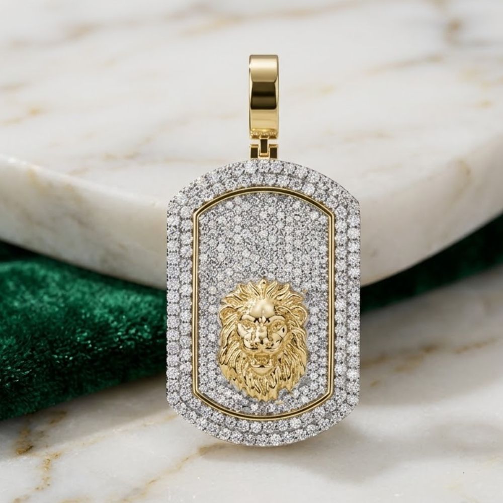 Showcasing a detailed lion’s head, the 2-1/3CTW Diamond Dog Tag Men’s Charm 10K Gold Lion Pendant features sparkling diamonds for a bold, luxurious look—perfect for making a statement.