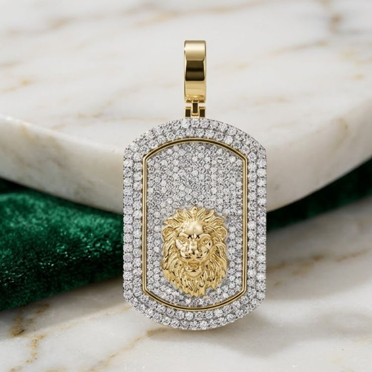 Showcasing a detailed lion’s head, the 2-1/3CTW Diamond Dog Tag Men’s Charm 10K Gold Lion Pendant features sparkling diamonds for a bold, luxurious look—perfect for making a statement.