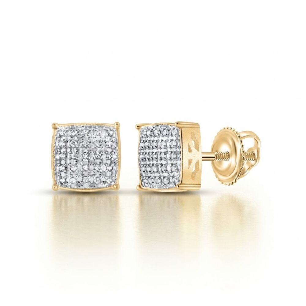 The 10K Gold Diamond Square Earrings 1/8 Cttw feature a grid of small round diamonds set in yellow gold with secure screw-back posts, shown against a white background.