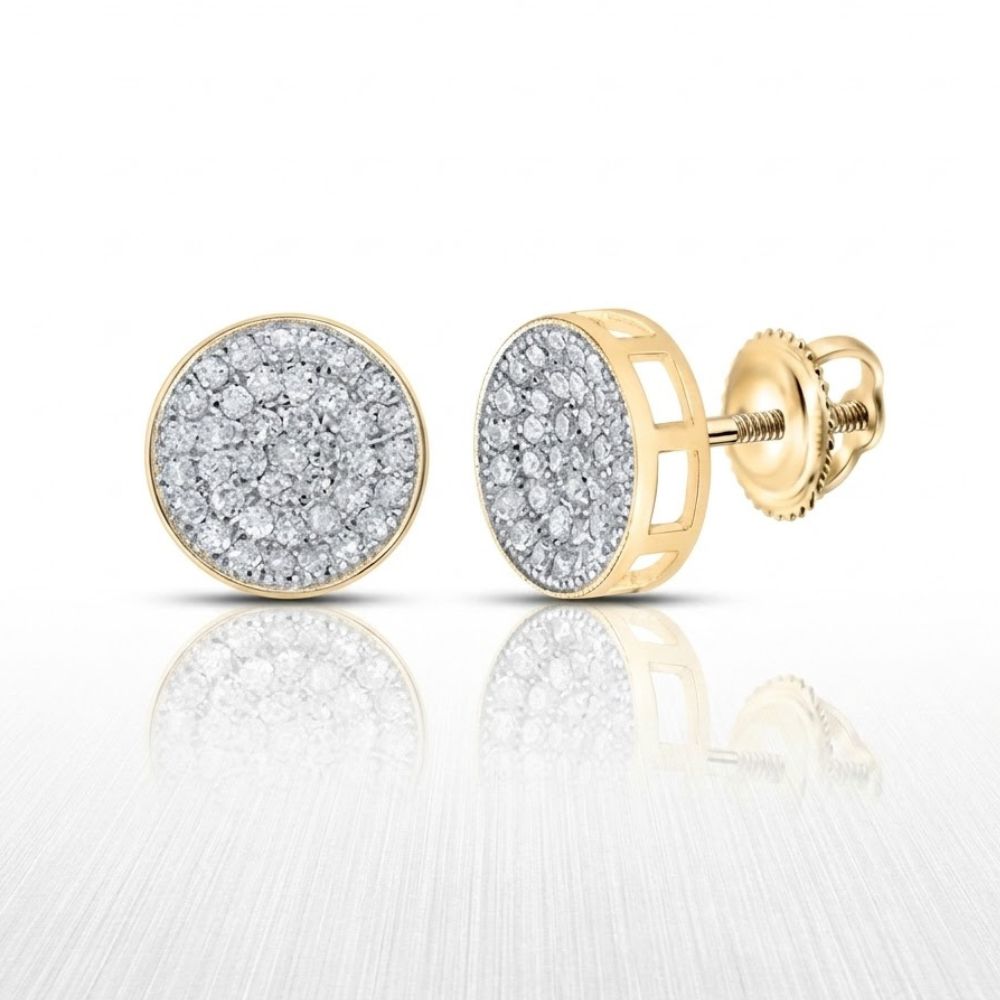 A pair of 10K Gold Diamond Circle Cluster Earrings (1/2 Cttw), featuring pavé-set sparkling diamonds, shown from the front and side on a white reflective surface.