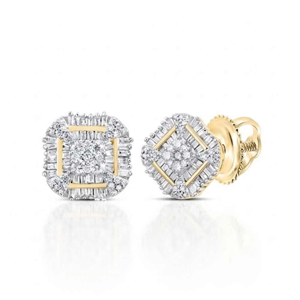 The 3/4CTW Natural Diamond Square Earrings in 10K yellow gold feature round and baguette diamonds with a secure screw-back closure, beautifully displayed on a white background.