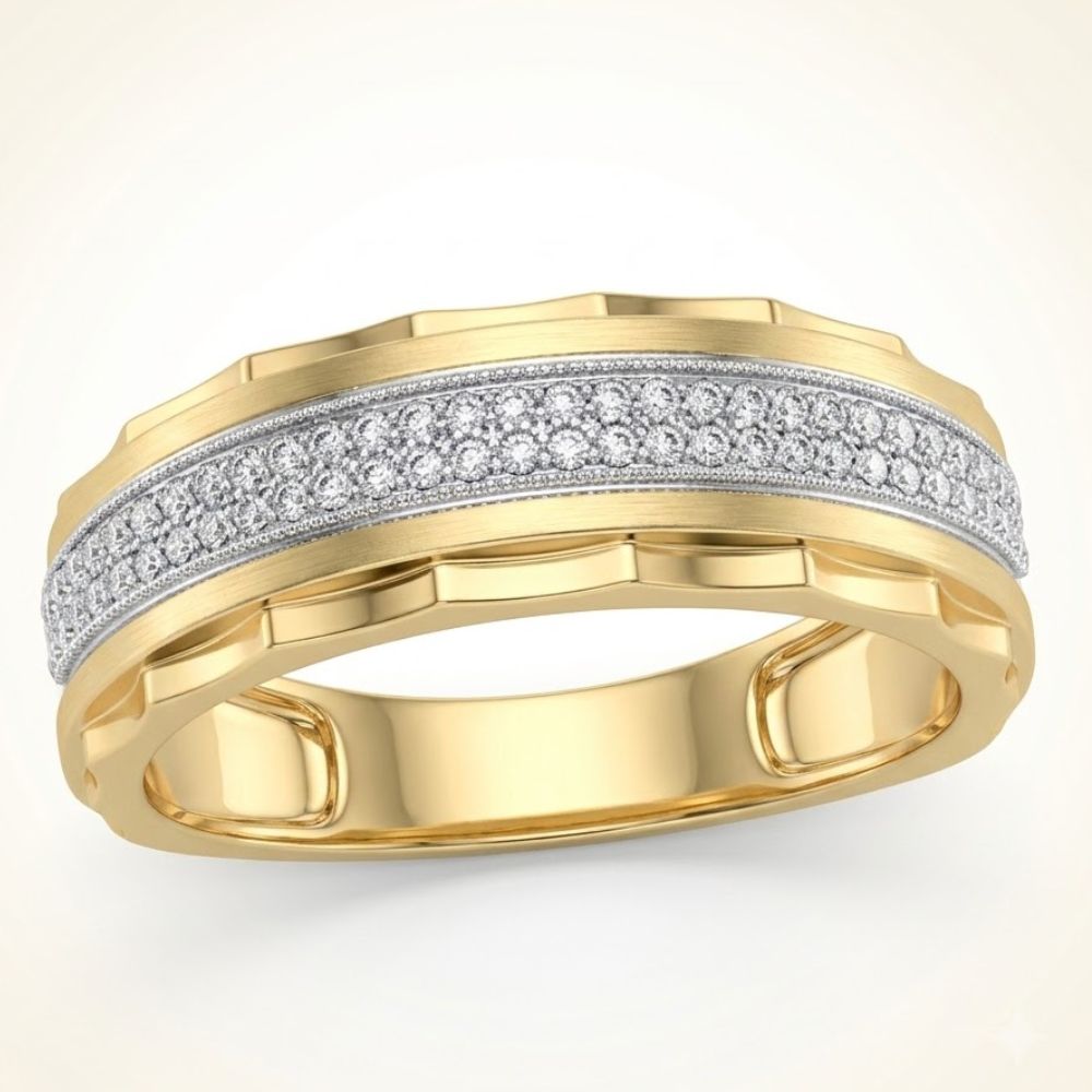 The 10k Gold Diamond Scalloped Wedding Band 1/5 Cttw features elegant milgrain edges, a grooved yellow gold band, and a central row of diamonds set in white metal for a sophisticated wedding look.