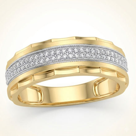 The 10k Gold Diamond Scalloped Wedding Band 1/5 Cttw features elegant milgrain edges, a grooved yellow gold band, and a central row of diamonds set in white metal for a sophisticated wedding look.