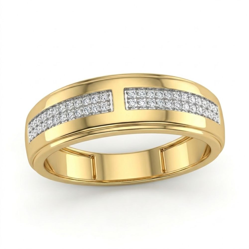 The 1/5CTW Natural Diamond Men’s Band in 10K gold features a flat, polished design with two rows of sparkling white diamonds set on the top for classic elegance.