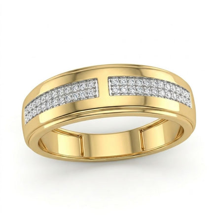 The 1/5CTW Natural Diamond Men’s Band in 10K gold features a flat, polished design with two rows of sparkling white diamonds set on the top for classic elegance.