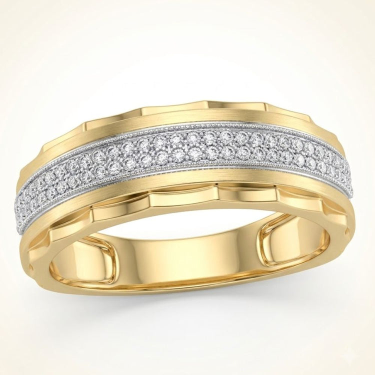 The 10k Gold Diamond Scalloped Wedding Band 1/5 Cttw features elegant milgrain edges, a grooved yellow gold band, and a central row of diamonds set in white metal for a sophisticated wedding look.