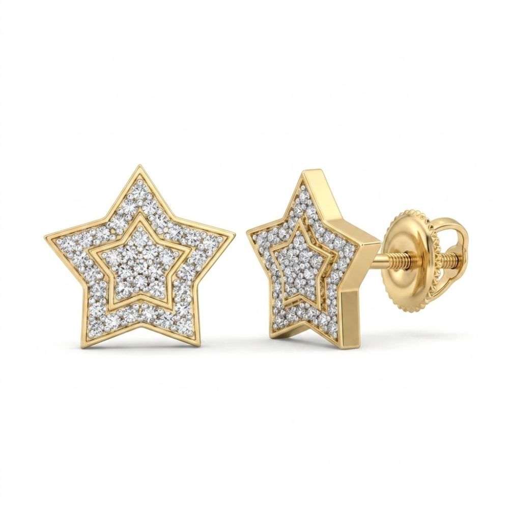 10k Yellow Gold Round Diamond Star Earrings 1/5 Cttw, each showcasing a double star outline with sparkling round diamonds, displayed on a white background.