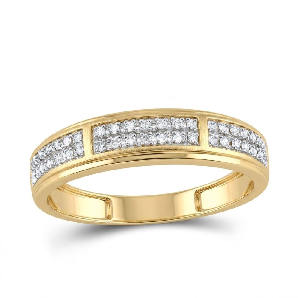 The 10K Gold 1/6 CTTW Men’s Diamond Fashion Band features three rectangular segments set with rows of natural diamonds on a classic yellow gold band, shown against a plain white background.