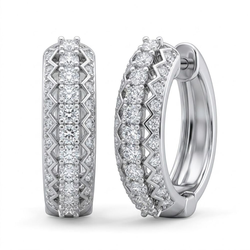 Sterling Silver Diamond Hoop Earrings 1/20CTW with rows of sparkling white diamonds and a zigzag edge—ideal for minimalist jewelry lovers.