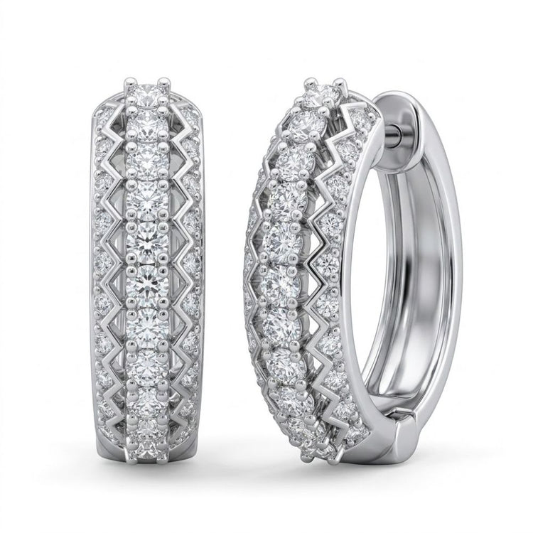 Sterling Silver Diamond Hoop Earrings 1/20CTW with rows of sparkling white diamonds and a zigzag edge—ideal for minimalist jewelry lovers.