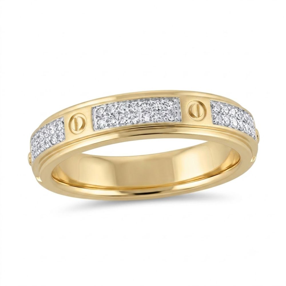 The 1/4CTW Natural Diamond Mens Band in 10K yellow gold features alternating pavé-set diamonds and screw-head accents for a modern, elegant look.