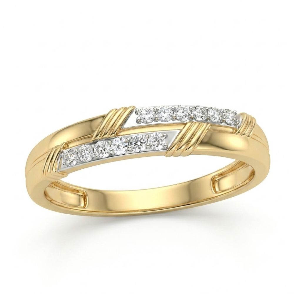 The 1/5CTW Natural Diamond Fashion Men's Band in 10K gold showcases two diagonal rows of natural diamonds in a crisscross design, with smooth, polished edges for a refined look.